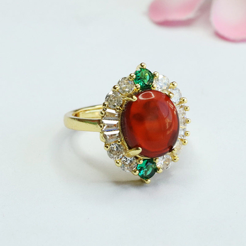 Blood Amber Oval Ring with Zircon Petals Halo, Sterling Silver and Beeswax Amber Jewelry