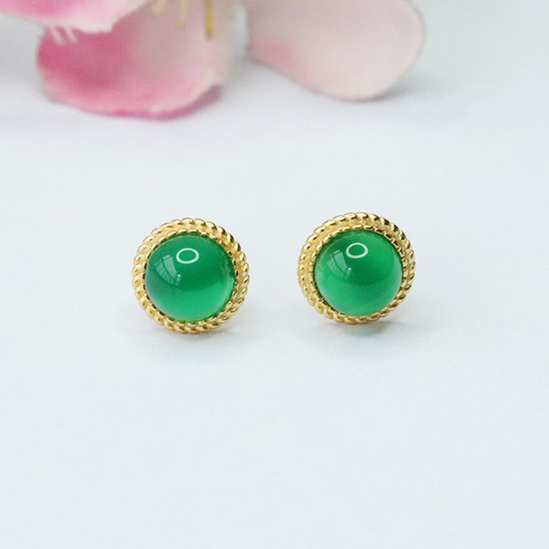 Elegant S925 Silver Stud Earrings with Natural Green and Red Agate