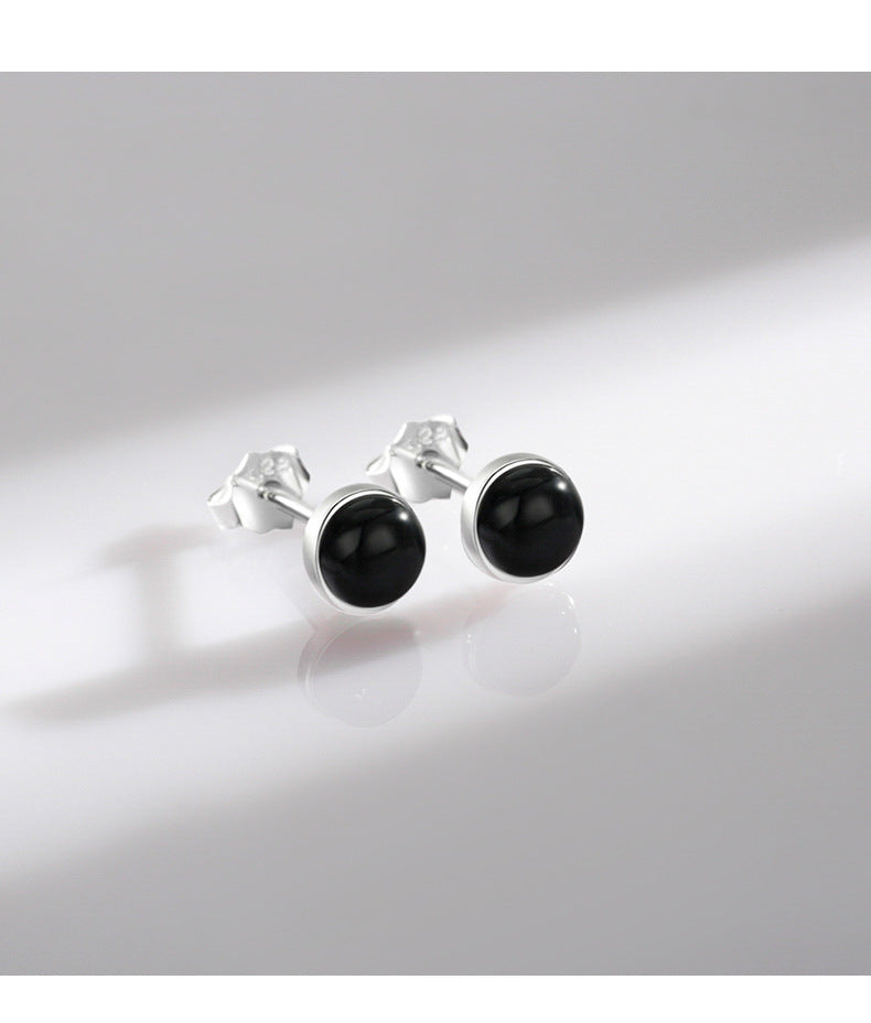 925 Sterling Silver Black Black Agate Stud Earrings