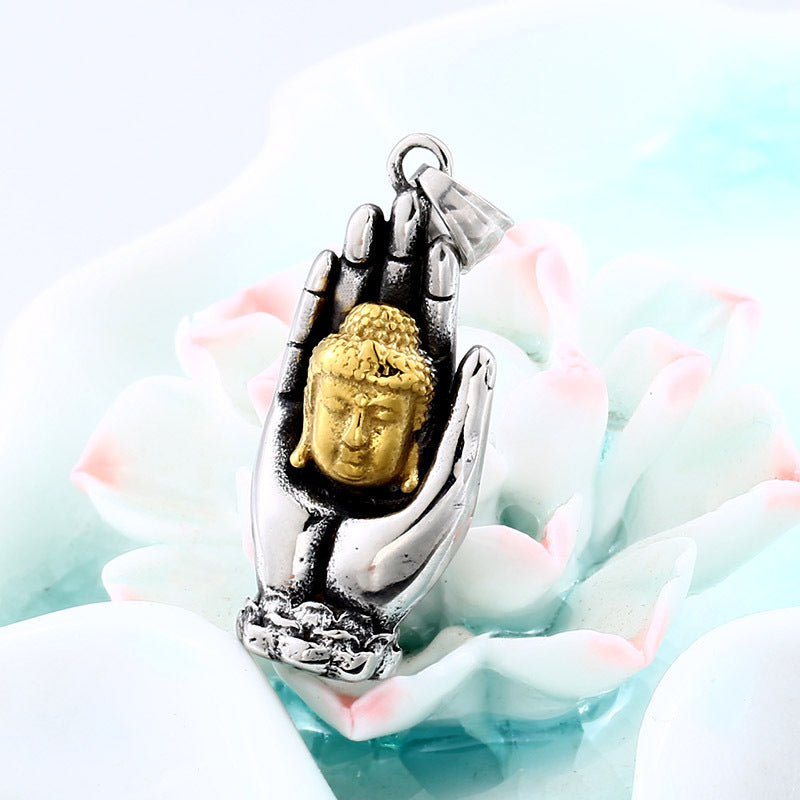 Personalized Retro Titanium Steel Pendant with Gold Buddha Head for Men - New Stainless Steel Jewelry