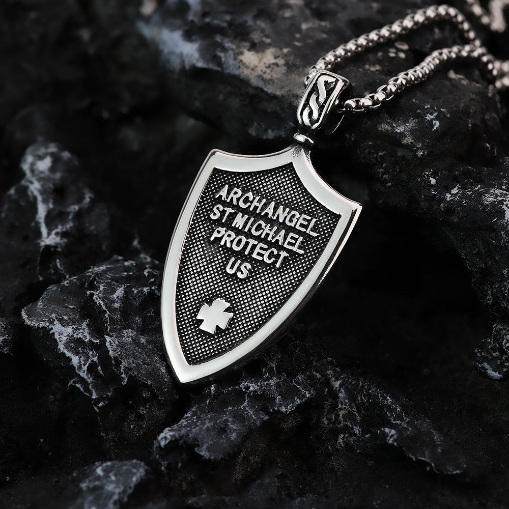 Vintage Men's Stainless Steel Pendant St. Michael's Angel Necklace