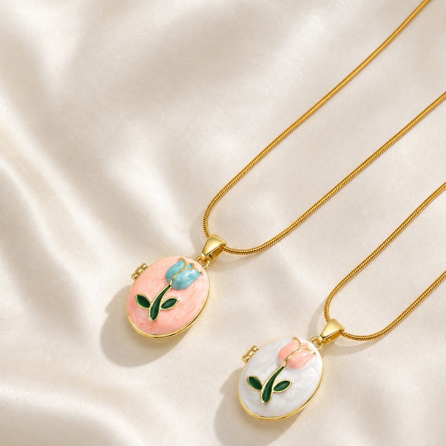 Pink & Blue Oil Drop Flower Photo Box Necklace Copper Material Can Be Opened & Closed