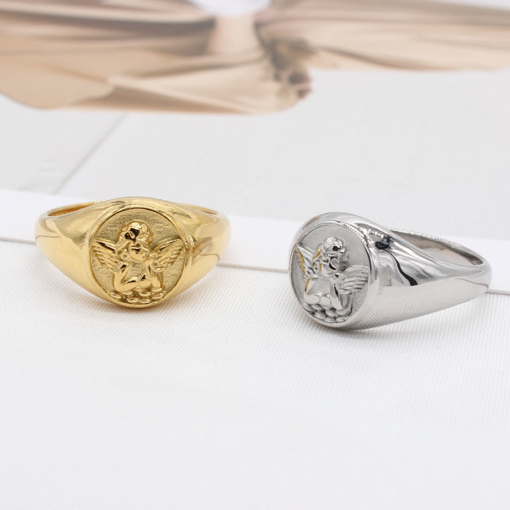 European and American Literary Retro Titanium Steel Cupid Angel Rings for Men and Women