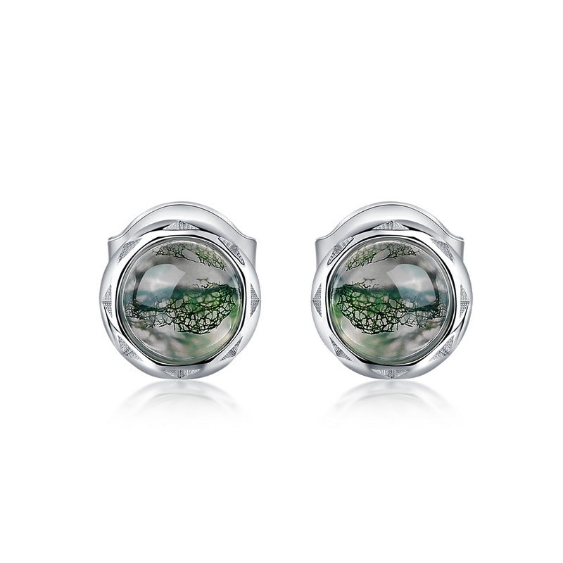 S925 Sterling Silver Moss Agate Minimalist Stud Earrings