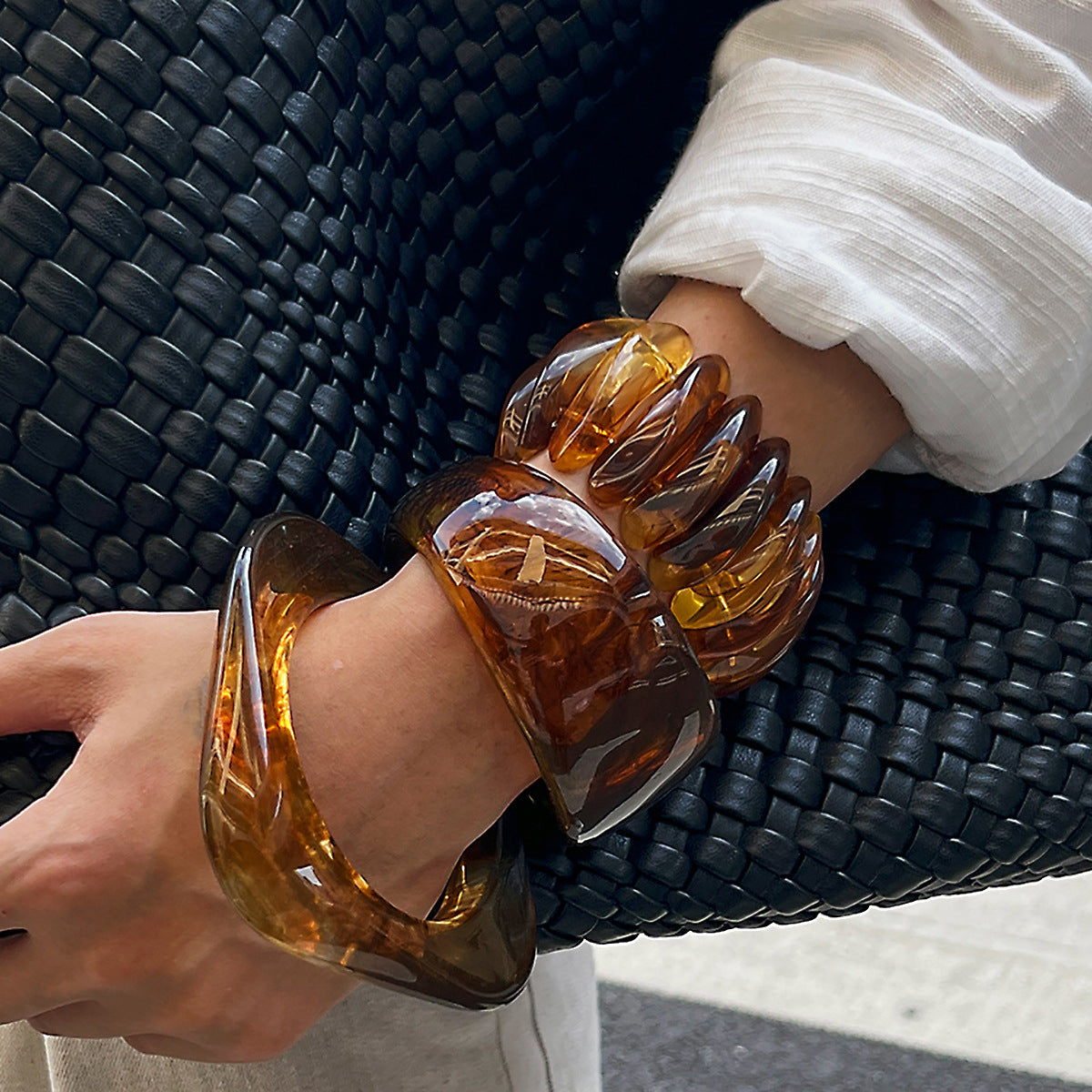 Wide Version Smudged Stone Pattern Semi-Transparent Bracelet Exaggerated Retro Special-Shaped Amber Tire