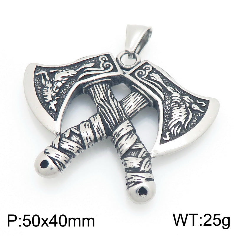 Nordic Viking Wolf Head Tomahawk Pendant, Retro Celtic Knot Warhammer Titanium Steel Necklace