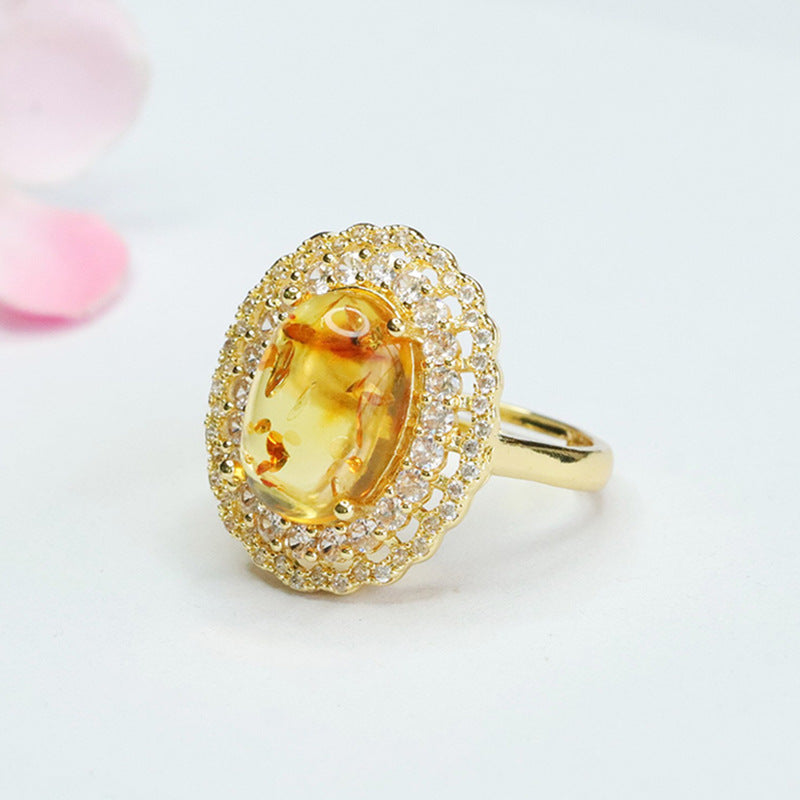 Floral Amber Double Halo Sterling Silver Ring