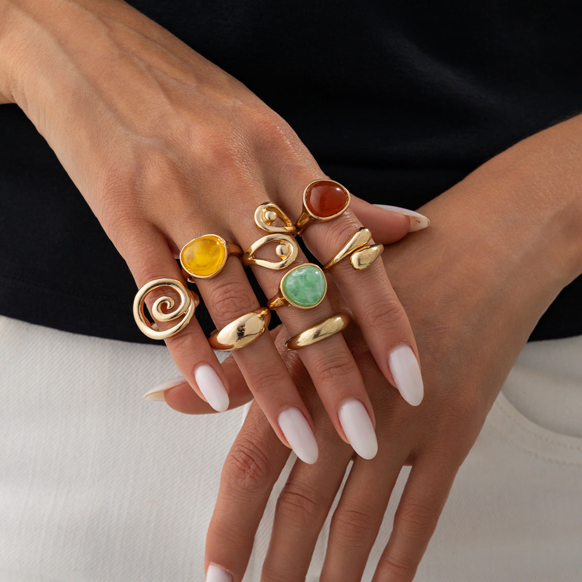Planderful Vienna Verve Irregular Smudged Stone Ring Set For Women Water Drop Hug Design Statement Jewelry