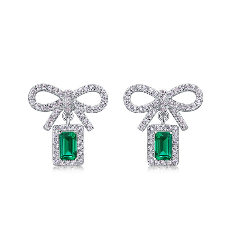 S925 Sterling Silver Lab-Grown Emerald Bow Stud Earrings