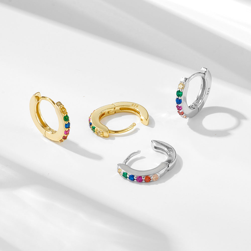 S925 Sterling Silver Round Micro-Inlaid Colored Zircon Ear Buckle Earrings