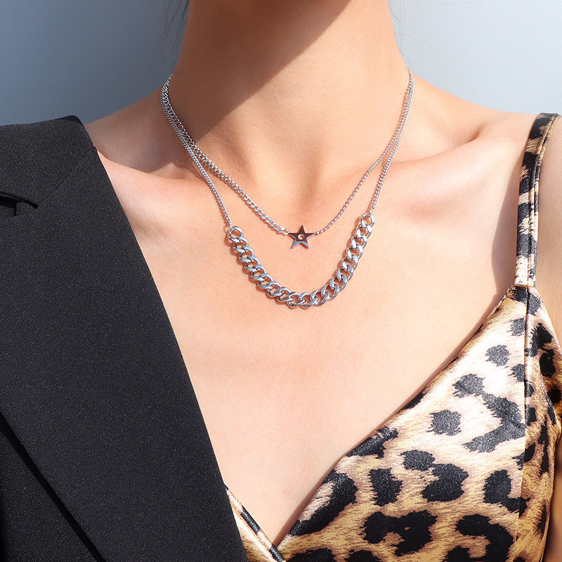European and American Style Double Layer Star Pendant Necklace Set, Chunky Gold-Plated Chain, Women's Titanium Steel Jewelry