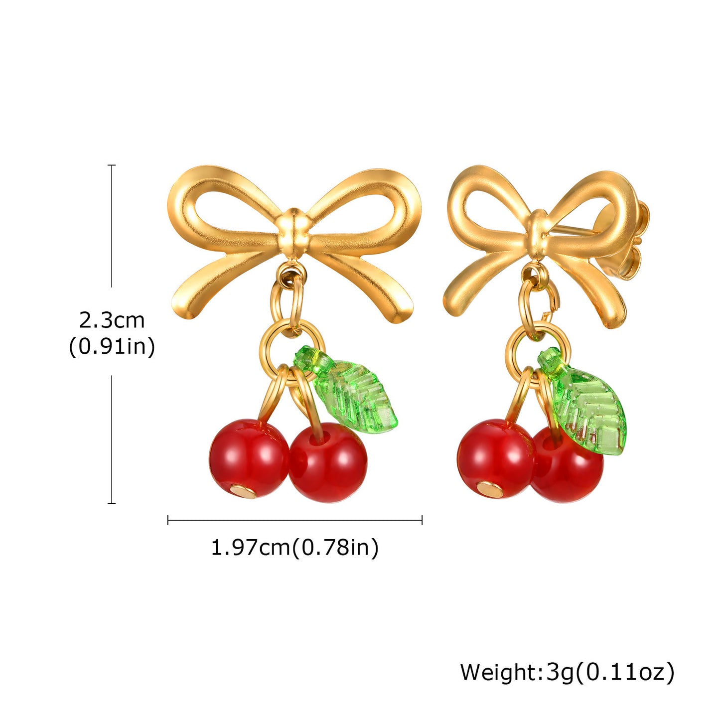 Europe America Stainless Steel Bow Red Cherry Gold Earrings