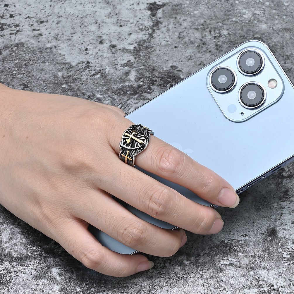 Steel Ring – Vintage Crusader Shield Cross Mens Everyday Niche Ring Stainless Steel Planderful