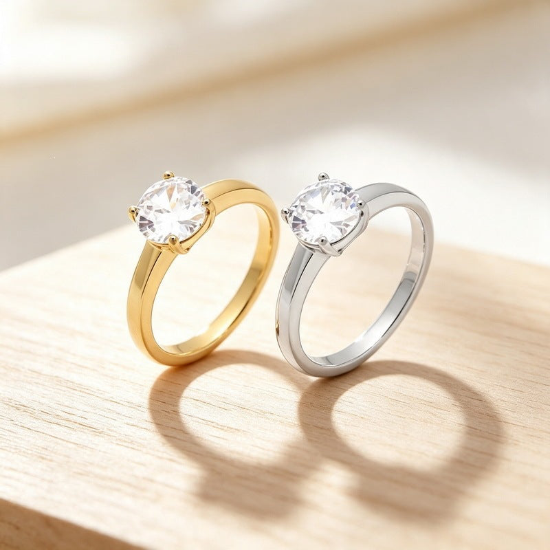 Stainless Steel Marriage Proposal Zircon Ring Four-Claw Inlaid Round Zircon Square