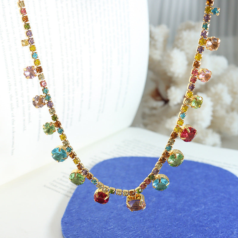 Vibrant Zircon Necklace with Copper Claw Closure, Elegant Colorless Design, Vintage French Charm