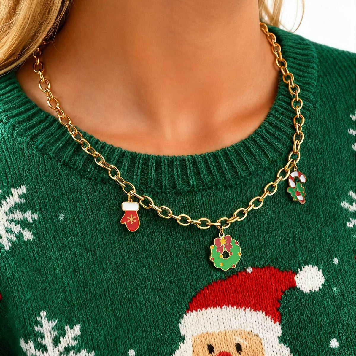 Stainless Steel Necklace Female Christmas Tree Santa Bells Socks Star Bracelet Holiday