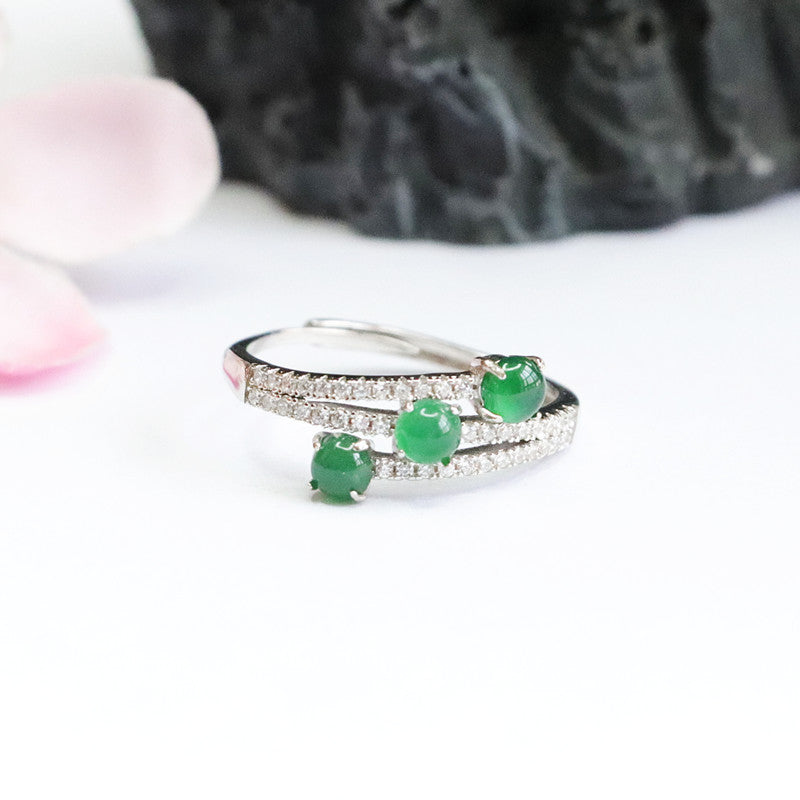 Imperial Green Jadeite Zircon Sterling Silver Ring