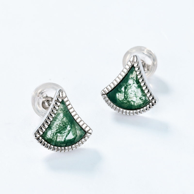 S925 Sterling Silver Moss Agate Ginkgo Leaf Stud Earrings
