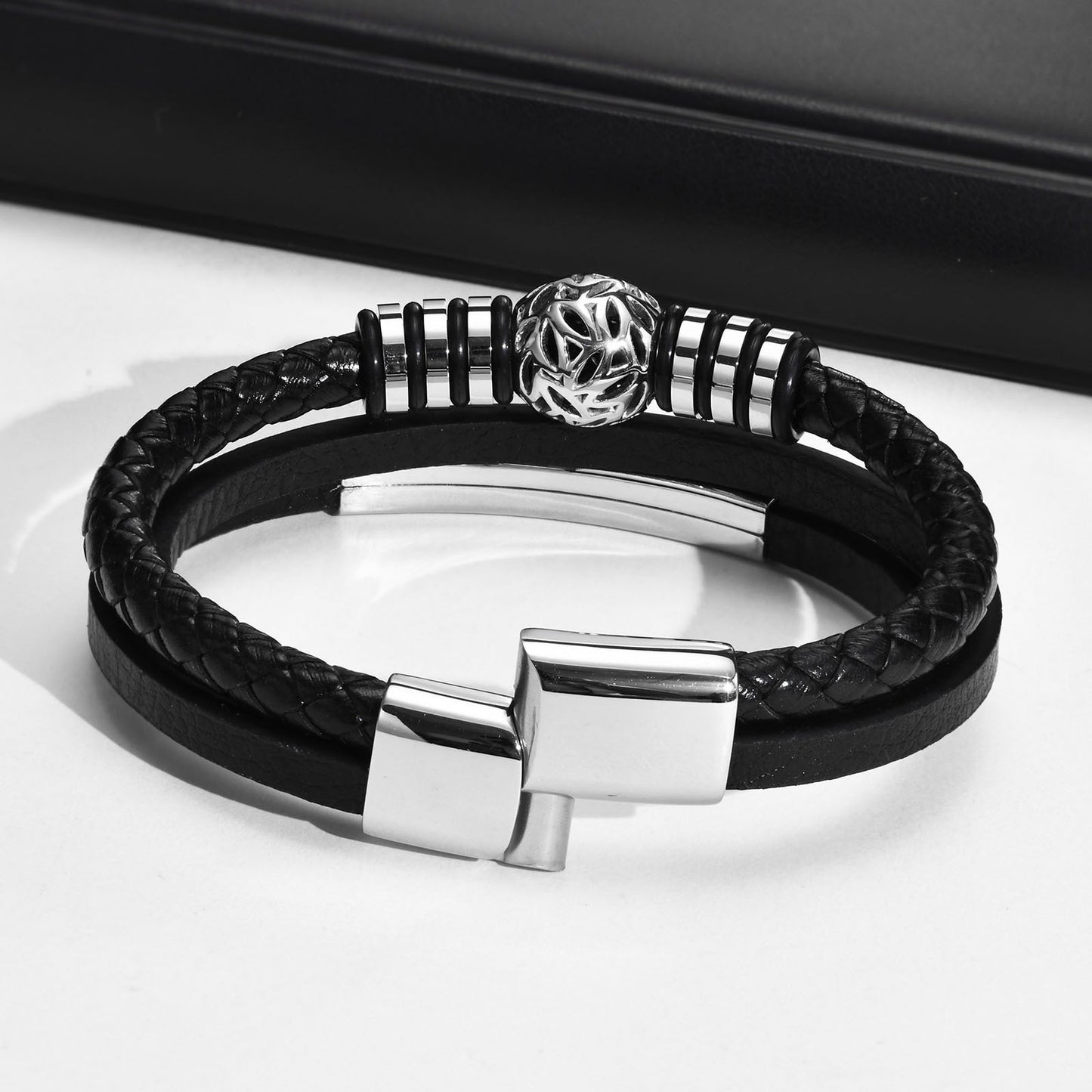 Stainless Steel Curved Tree of Life Men's Three-Layer Bracelet