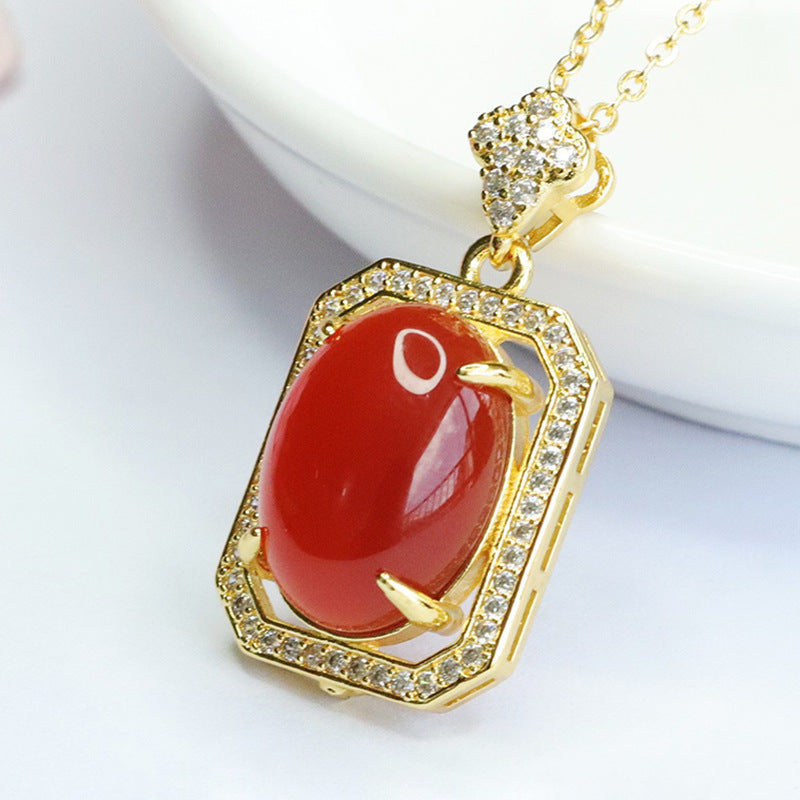 Pigeon Egg Red Agate Rectangle Pendant Zircon Necklace