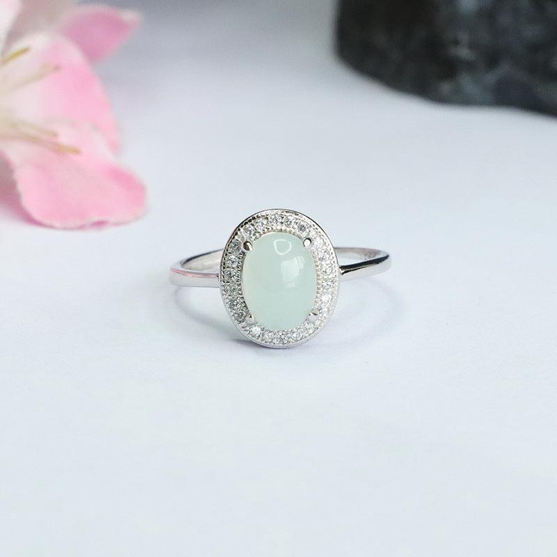 Zircon Halo Ring with Sterling Silver and Natural Myanmar Jade