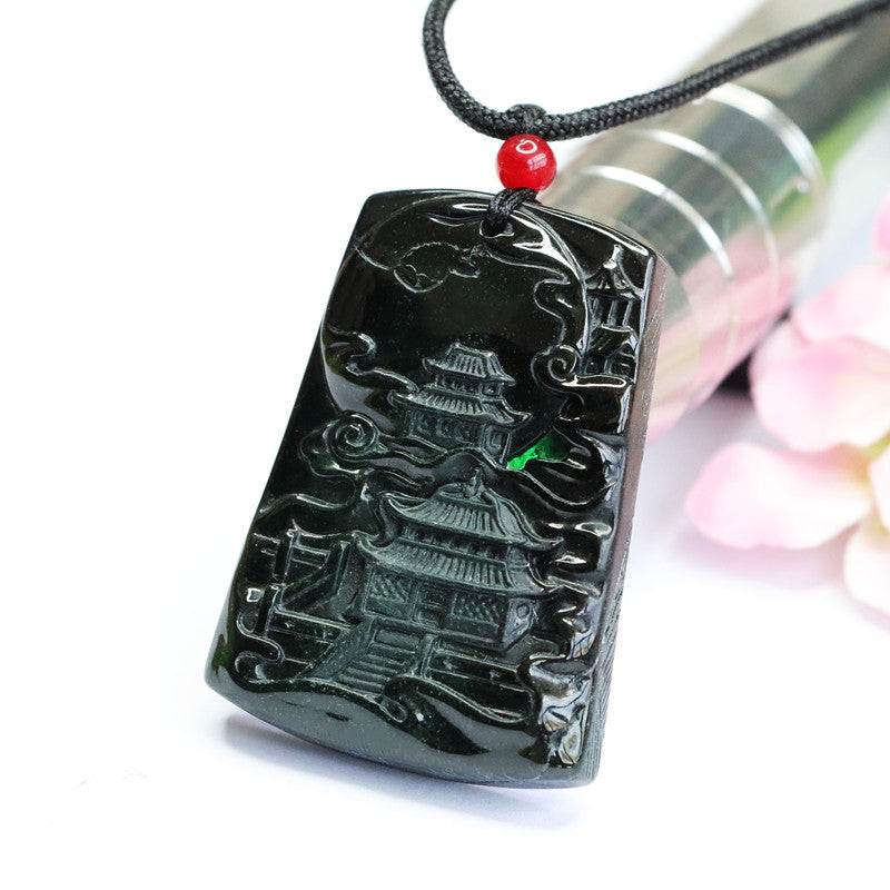 Black-Green Carved Jade Rectangle Pendant
