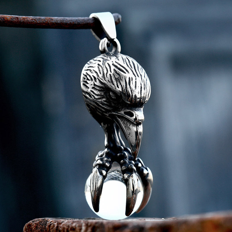 Retro European and American Men's Titanium Steel Pendant with Inlaid Stone Eagle Claw Design