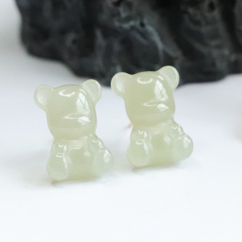 Sterling Silver and Hetian Jade Bear Ear Stud Earrings
