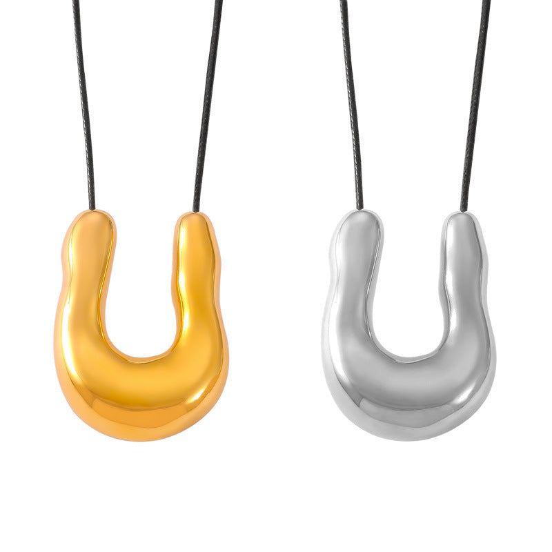 Chic Geometric Pendant Leather Necklace with Titanium Steel Rope