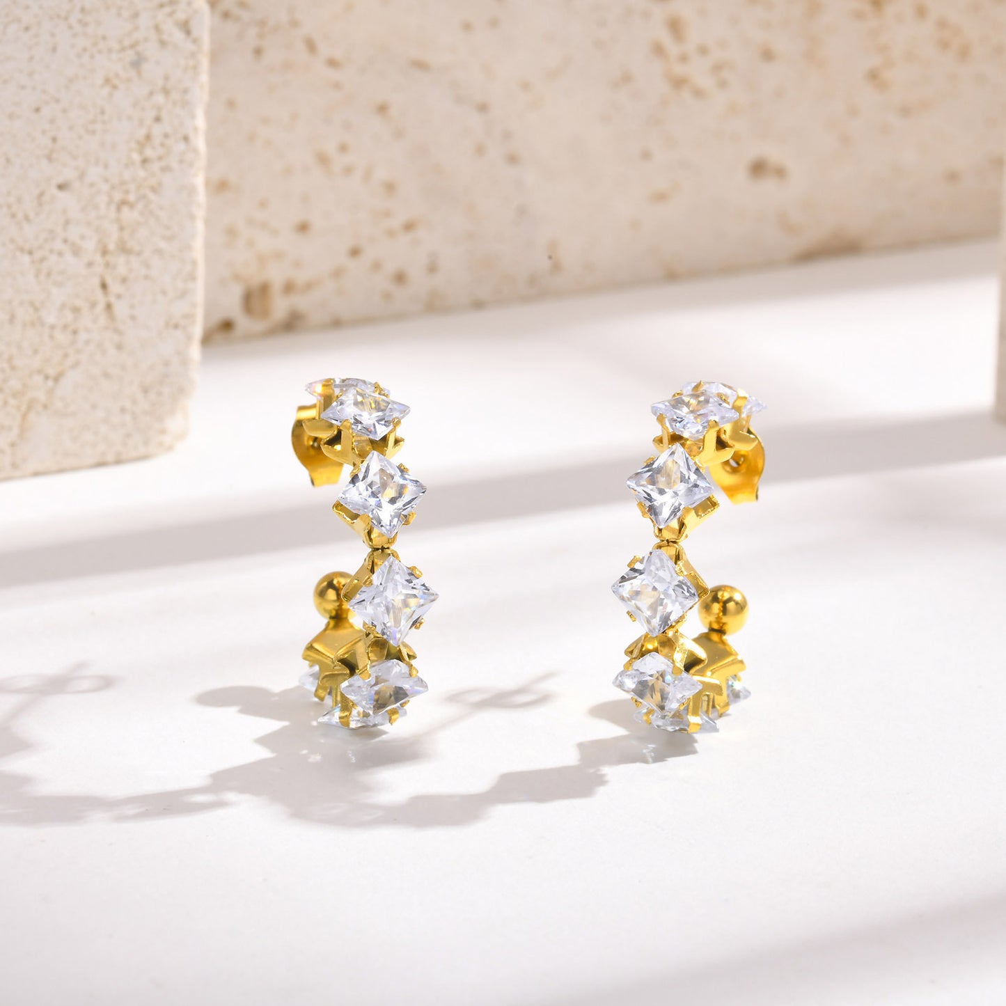 Stainless Steel Plated 18k Gold Rhombus Zircon C Earrings