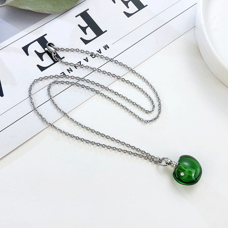 Stainless Steel Green Pink Glass Apple Urn Perfume Pendant Necklace