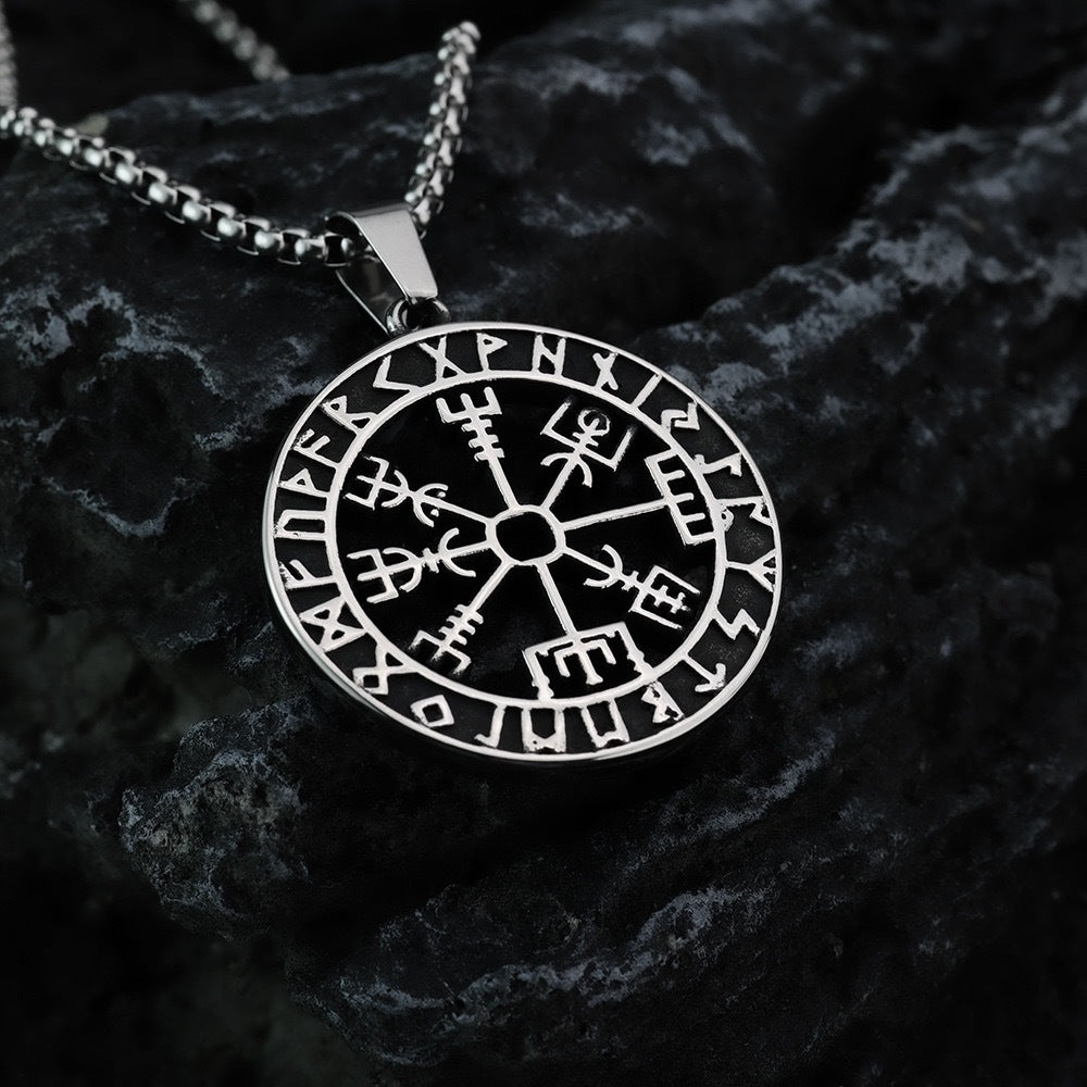 1. Planderful Round Hollow Viking Stainless Steel Necklace for Men Rune Inspired Gift