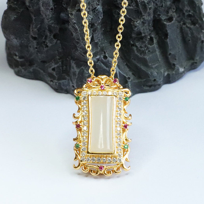 White Jade Pendant Necklace with Colorful Zircon Accents