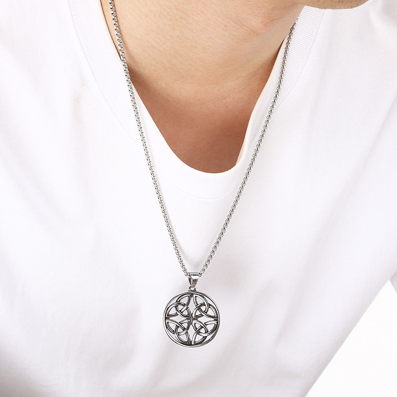 Viking Link Hollow Round Pendant, Old Nordic Octagram Celtic Knot Titanium Steel Men's Necklace