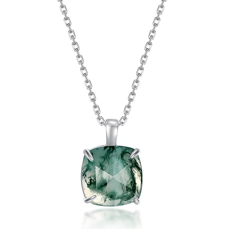 S925 Sterling Silver Moss Agate Pendant Necklace