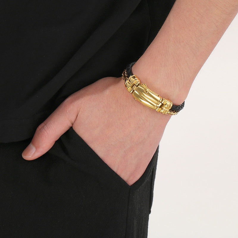 Stylish & Double-Layer Spliced Leather Bracelet – Vacuum Electroplated Spring Buckle