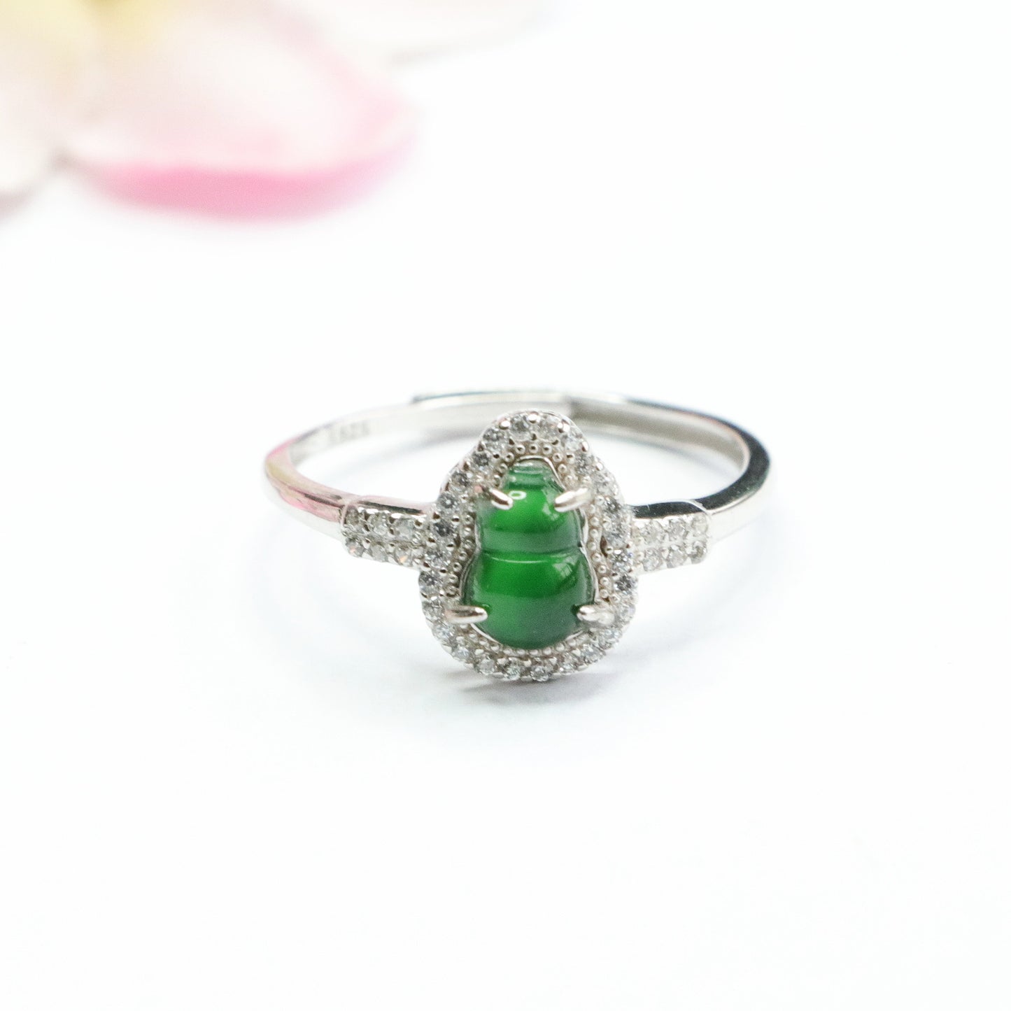 Sterling Silver Adjustable Imperial Green Jade Gourd Ring with Zircon Halo