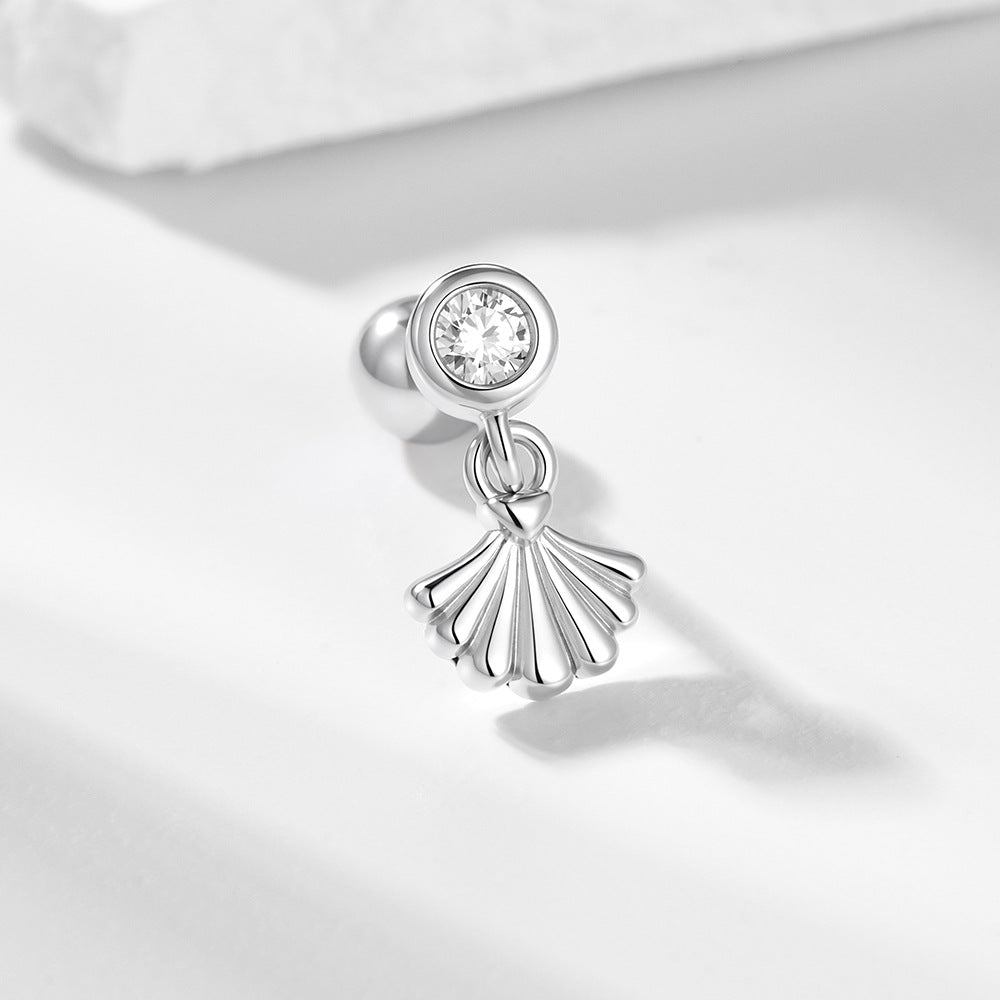 S925 Sterling Silver Ocean Shell Pattern Inlaid Zircon Thread Piercing Earbone Studs Earrings