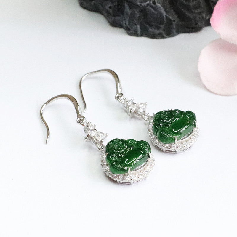 Icy Green Jadeite Buddha 925 Silver Hook Earrings