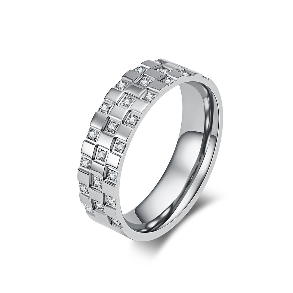 Planderful Zircon Ring Unisex Titanium Steel Inlaid Checkered Zircon For Couples Everyday Genie