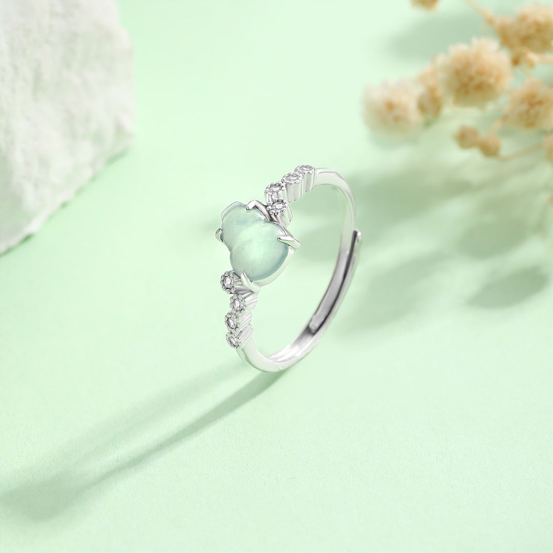 Planderful Jade Ring For Women 925 Sterling Silver Gourd Design Adjustable Chinese Retro Luxury
