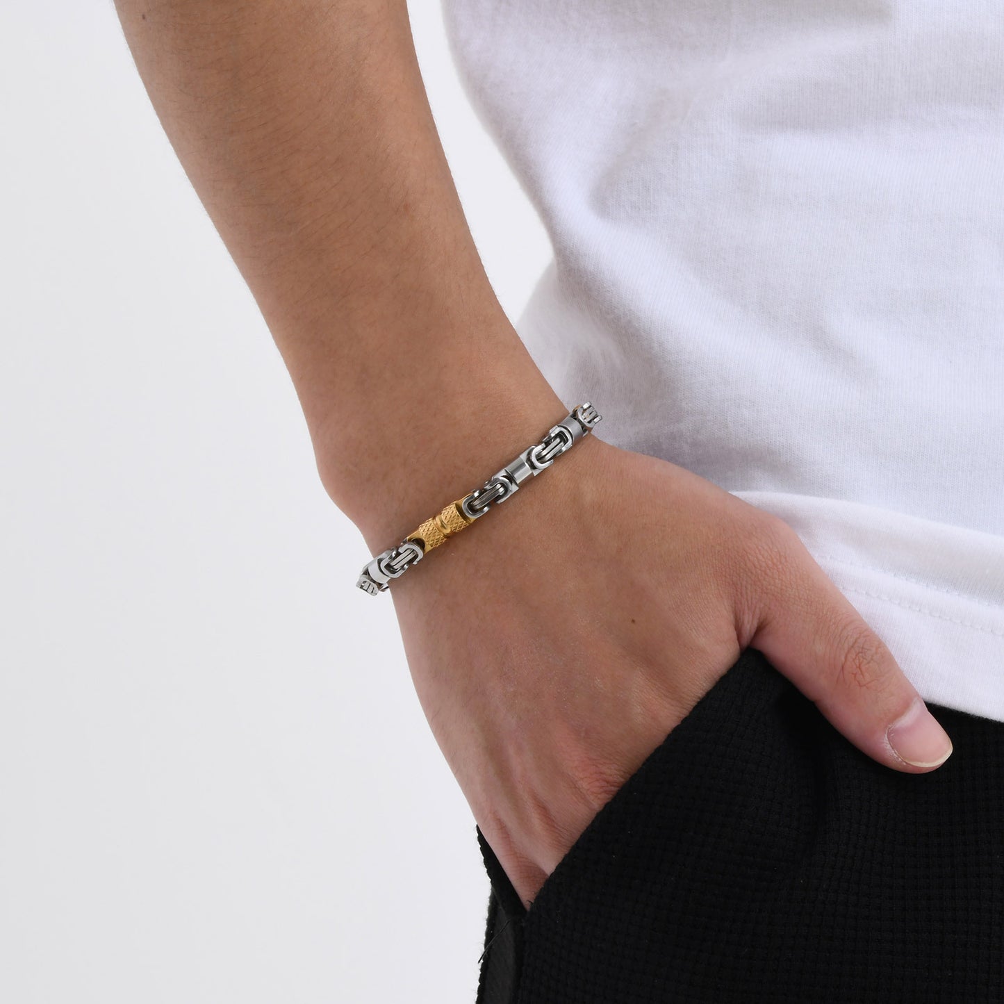 Stainless Steel Byzantine Handmade Chain Bracelet Men's Electric Black