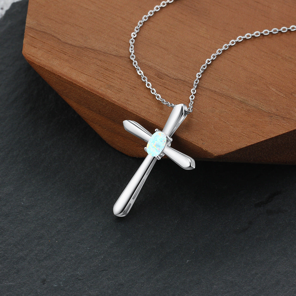 Planderful Jewelry Opal Cross Necklace Sterling Silver