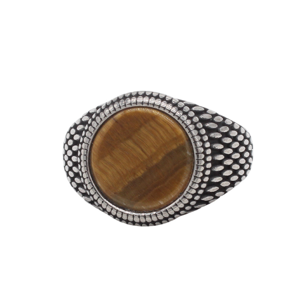 Planderful Titanium Steel Ring For Men Unisex Retro Round Gemstone Protection Statement Style