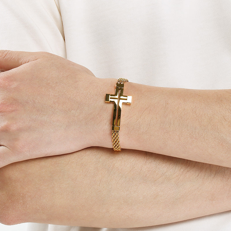 Men Wear – Stainless Steel Curved Bar Hollow Cross Men's Bracelet Can Be Adjusted