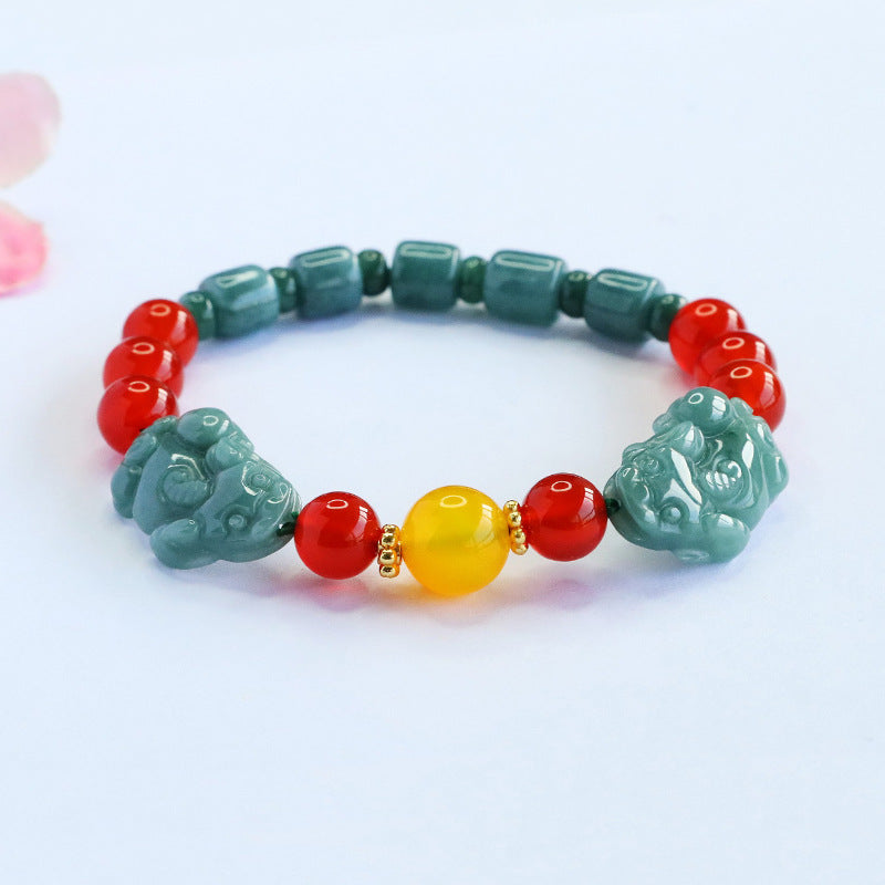 Blue Water Jadeite Pixiu & Agate Beaded Bracelet