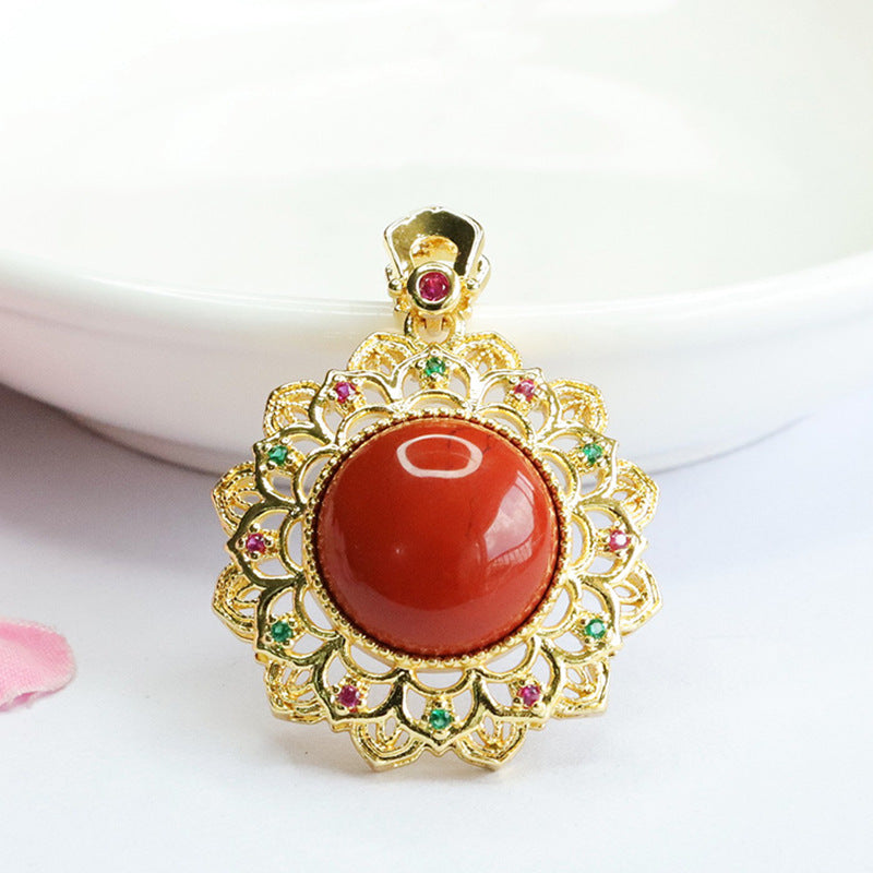 Southern Red Agate Zircon Sunflower Pendant Necklace