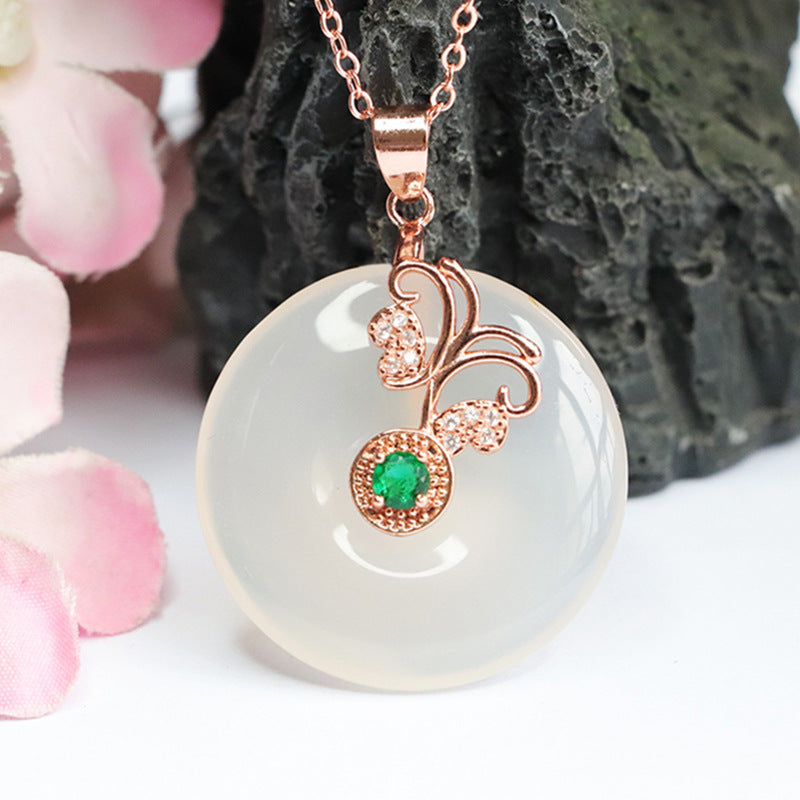 Butterfly Pendant Necklace with Natural White Chalcedony in Rose Gold