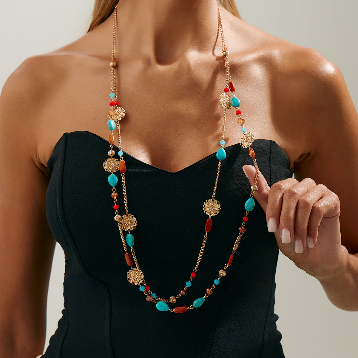 Retro Star-Shaped Fringed Sweater Chain For Imitation Pearls Stacked With Long Necklaces Necklace