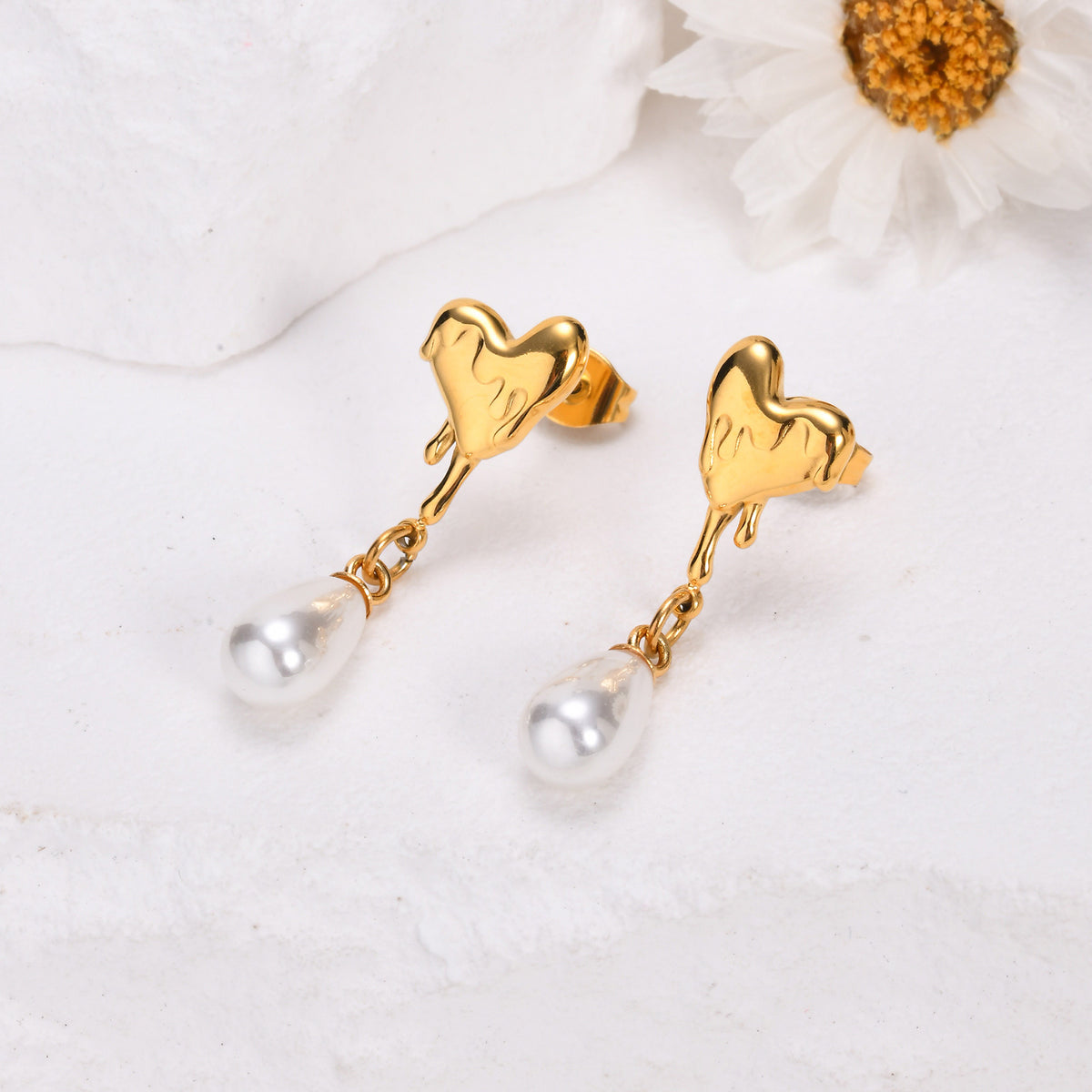 Stainless Steel Pearl Heart Earrings